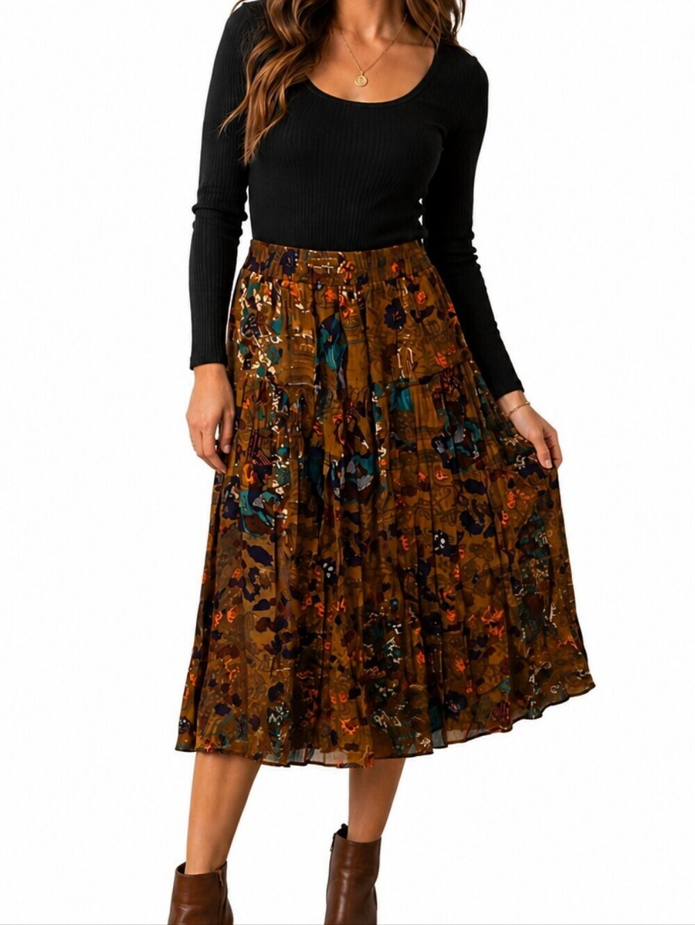JACQUELINE FERRAR 1990s Caramel Ethnic Elastic Waist Maxi Festival Peasant Skirt